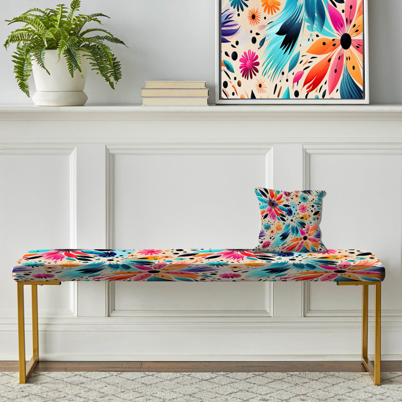 Multicolor Tribal Mandala Boho Pattern - Floral Upholstered Gold Bench