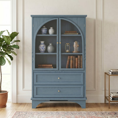 Vitrine à porte en verre arquée 52 po avec 2 tiroirs, tablettes réglables, finition en placage de bois véritable, armoire de rangement pour le salon, la salle à manger et la chambre à coucher