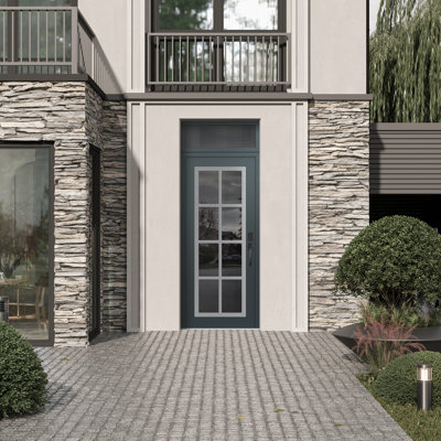 C16 Left-Hand 36 In. X 96 In. Panel Silver Steel Anthracite And Anthracite Mirrored Glass With Transom Mirrored Glass Prehung Front Entry Door