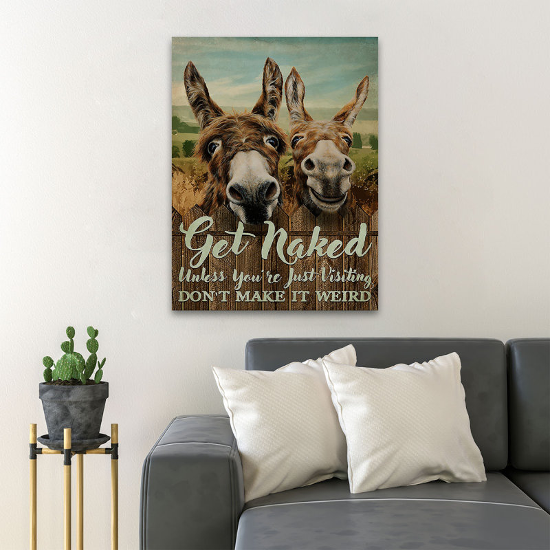 Deux ânes souriants - «Get Nake» - Reproduction d'art graphique sur toile tendue 1 pièce, H 20 po x l 16 po x P 2 po