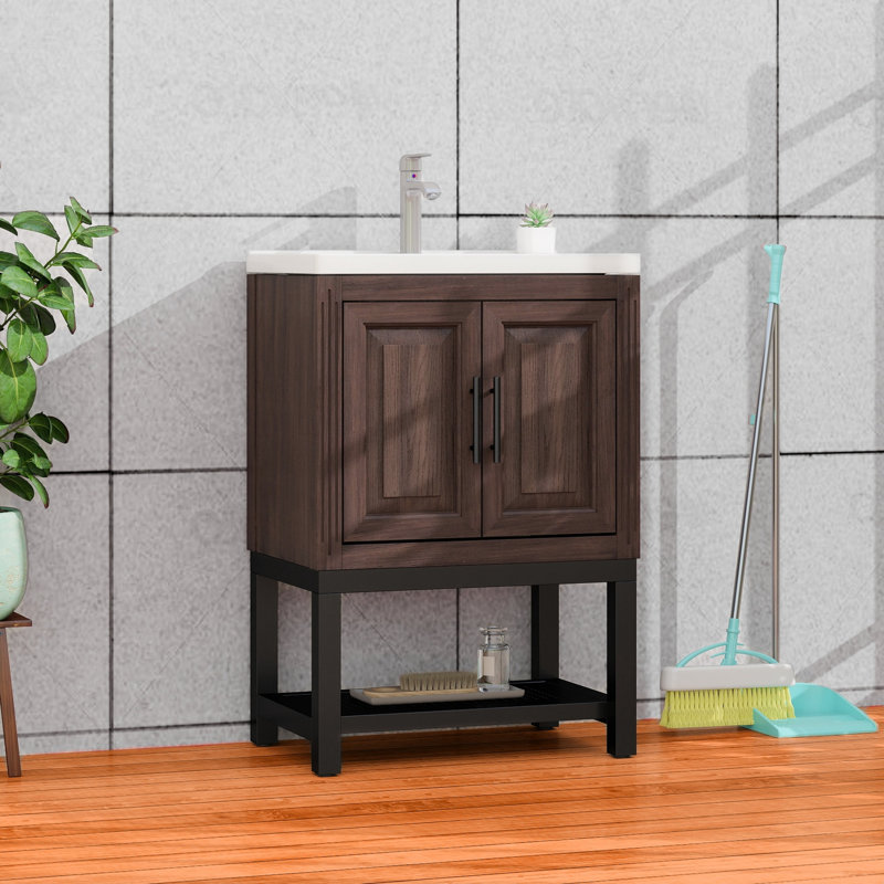 Meuble-lavabo autoportant naturel de 24 po - Lavabo en céramique blanche et deux portes de rangement, structure en fer avec finition oxydée pour une utilisation intérieure / extérieure?