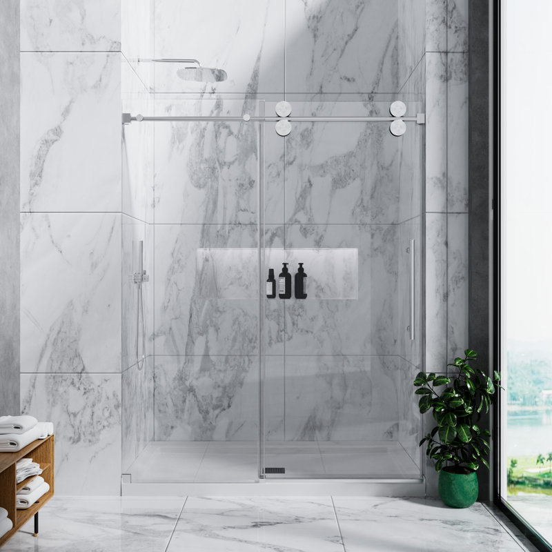 60 In. W X 72 In. H Single Sliding Frameless Shower Door With SGCC 5/16 In. Clear Glass, Brushed Nickel