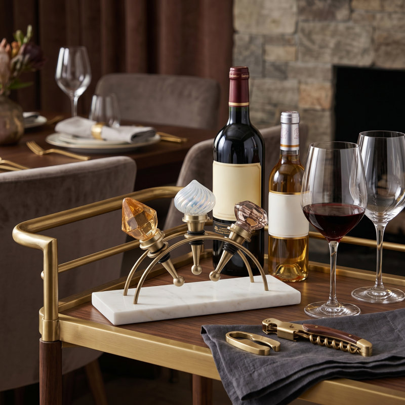 Ensemble de 3 bouchons de bouteille en marbre et métal avec support, accessoires de bar à cocktails, coffret-cadeau inclus. Finitions en or et blanc.
