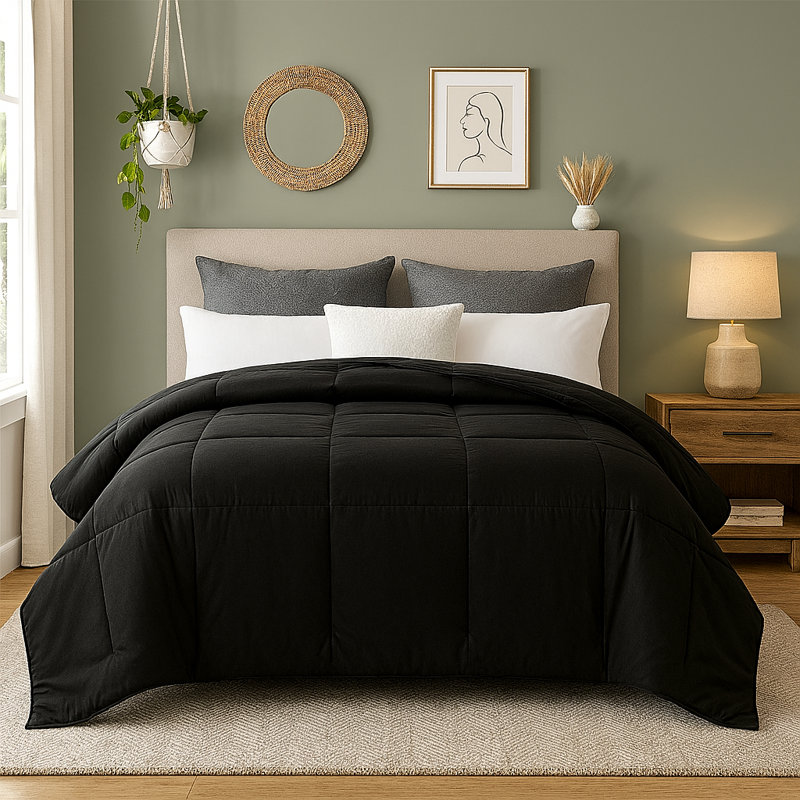 Luxury Black Cotton Blend Comforter  All Season Lightweight Hotel Quilt Insert with Corner Tabs Ultra Soft Box Stitched Bedding Machine Washable
