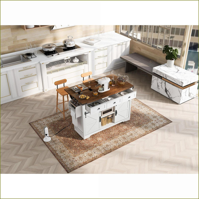 Îlot de cuisine avec abattant, prise de courant et amp; Portes de grange coulissantes - Maison de campagne blanche vieillie | Moyen (40 à 55 po)