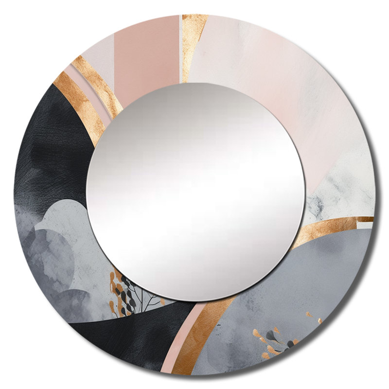 Skaiste rose or dévoilant Reverie IV - miroir mural décoratif floral, grand miroir rond rose, impression d'art en métal