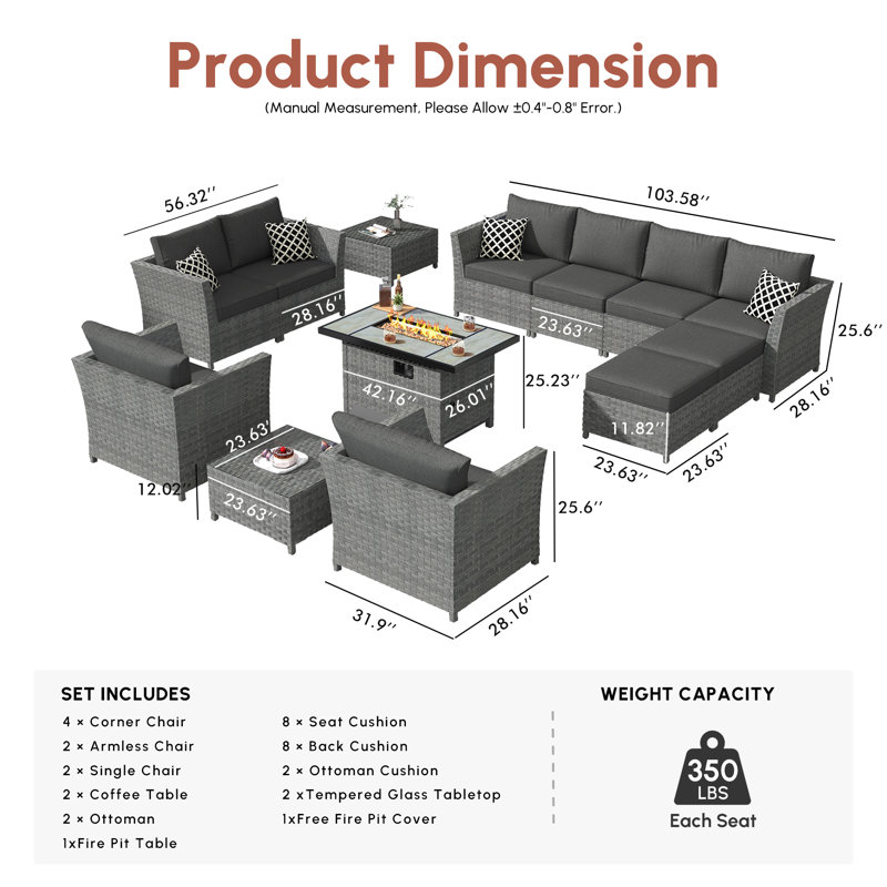 Koyno 10 - Person Patio Conversation Set with Cushions, Yes, Black