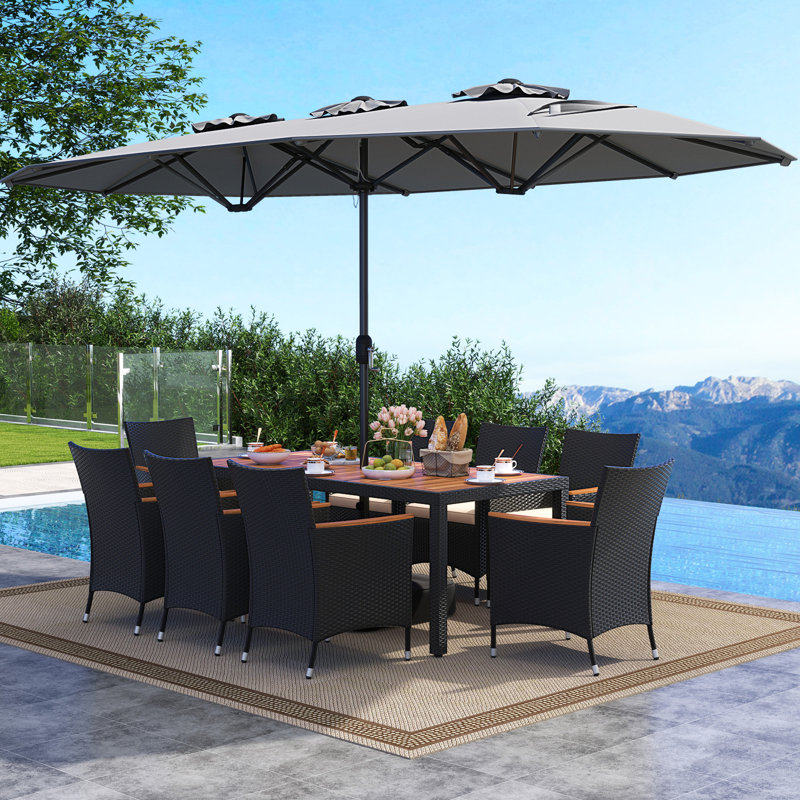 11 PCS Patio Wicker Dining Set with Double-Sided Outdoor Umbrella 8 Stackable Chairs, Brown, Gray