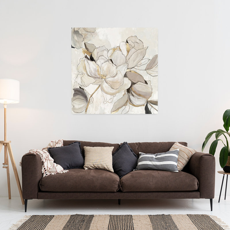 «Whispers Of Blossoms I», art floral délicat et abstrait, 36" H x 36" W