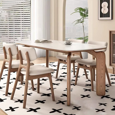 6 - Person White + Nut-brown Rectangular Sintered Stone + Solid Wood Dining Table Set