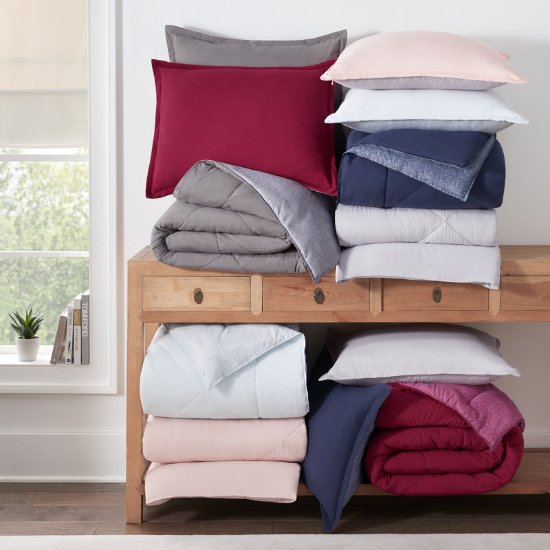 Serta Supersoft Cooling Bed Set, Reversible Bedding Comforter and Solid Sheet Set, Queen, Dusty Pink
