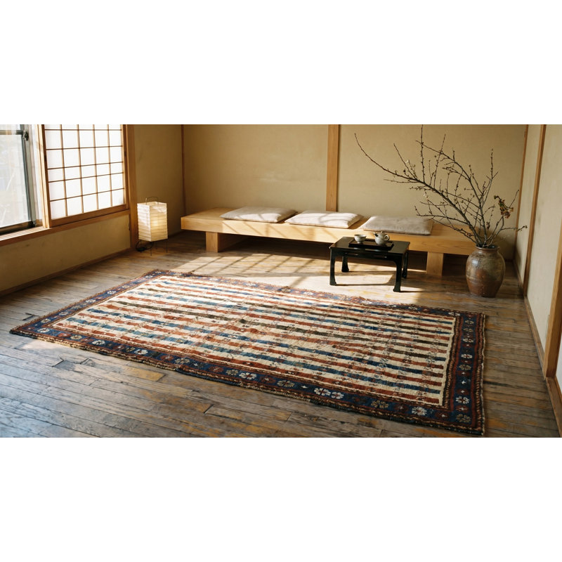 Tribal Stripped Antique Ivory Caucasian Late 19th Century Rug