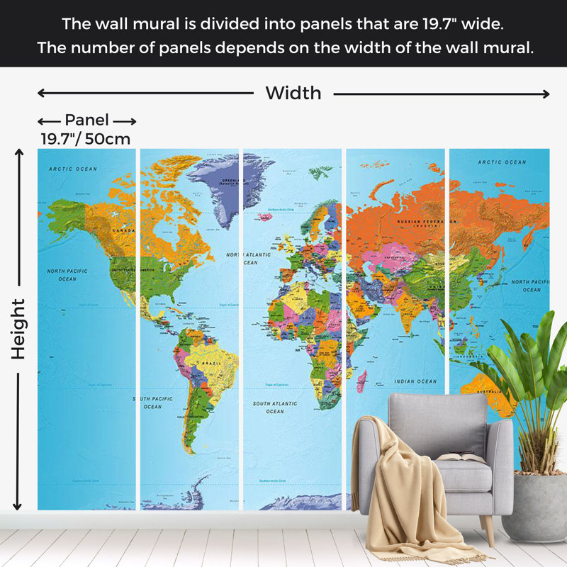 Papier peint carte du monde - Géographie colorée, L 98 po x L 68 po