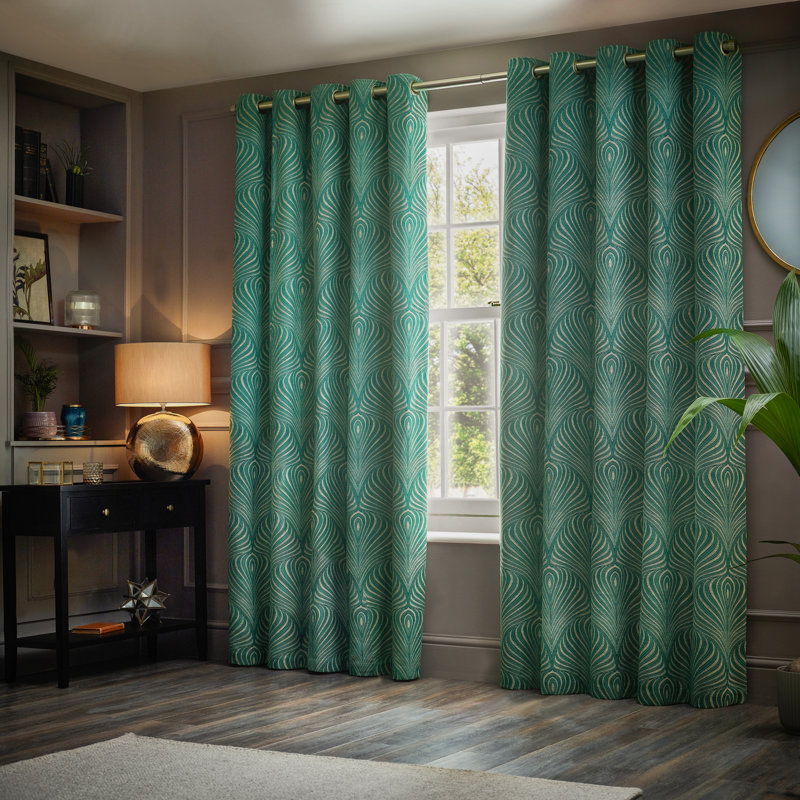 Gatsby Geometric Jacquard Eyelet Curtians, Green, 117 W x 137 D cm