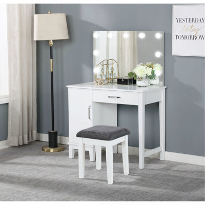 Ensemble coiffeuse Elijah blanc et gris foncé avec éclairage et tabouret