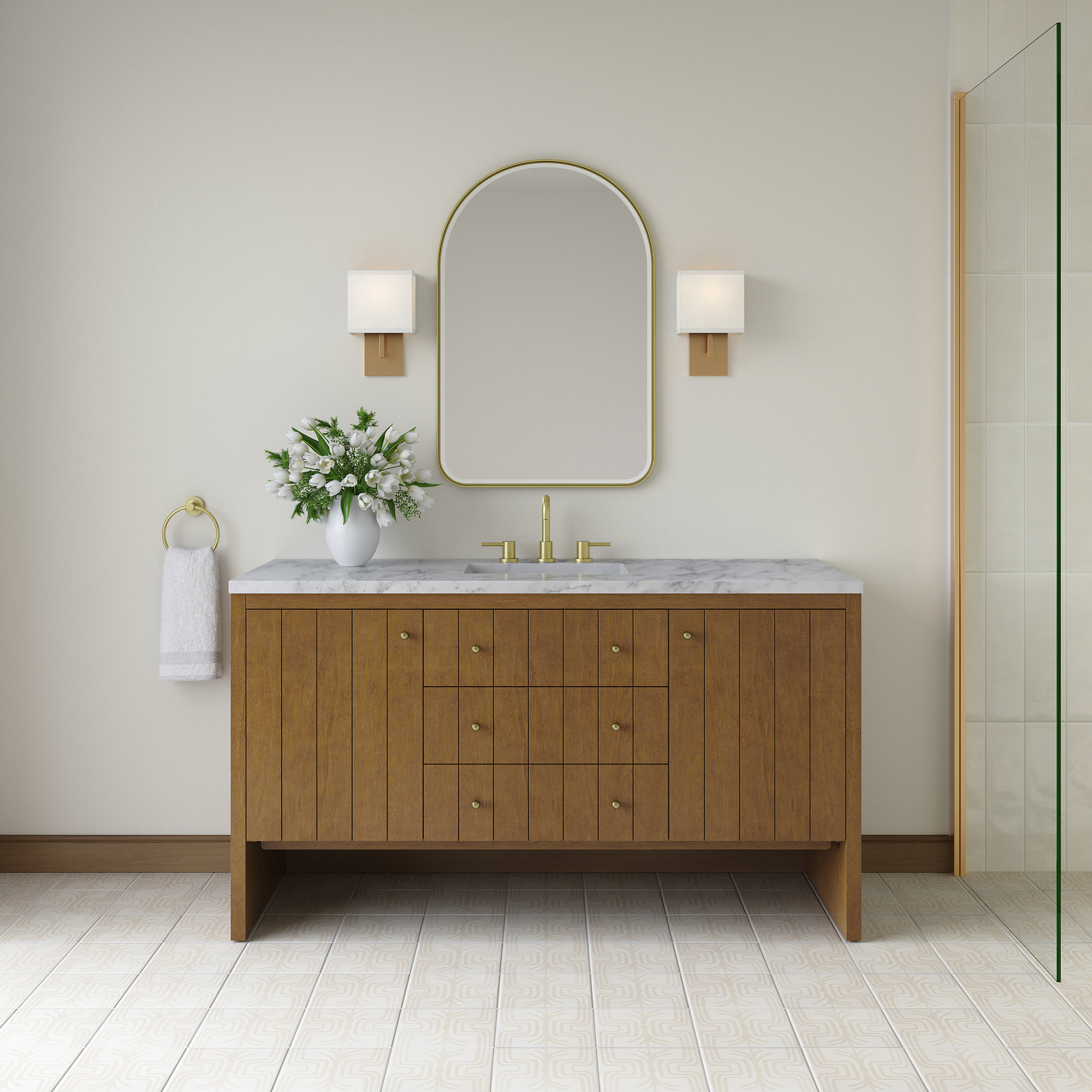 Hudson 60'' Single Bathroom Vanity, Honey Brown, Eternal Jasmine Pearl, 8" Widespread