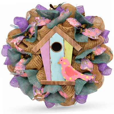 Spring Welcome Wreath with Pastel Birdhouse
