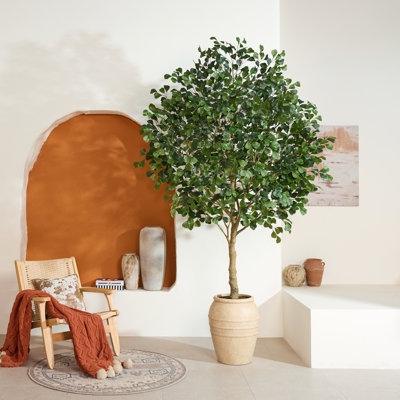 Grand figuier artificiel de 8 pi à 9 pi dans un pot rustique à texture de pierre brun-boue - Faux arbre en pot ultra-luxuriant avec plus de 2200 feuilles pour les hauts plafonds, les grandes pièces et le décor méditerranéen