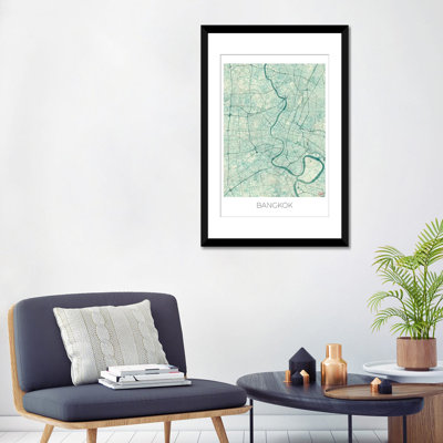 Reproduction d'art graphique sur toile «Bangkok Vintage Blue Watercolor Urban Blueprint Map»