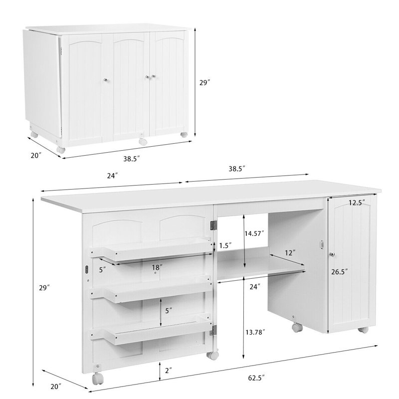 Folding Sewing Table Storage Cabinet Craft Cart with Wheels-White