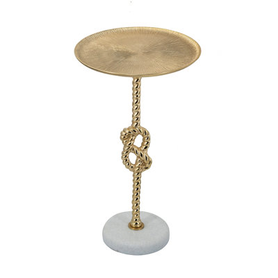 24 - Inch Tall Gold Side Table With Rope Knot Adornment Details And White Marble Base, As End In Art Style Rooms 13.8x13.8x24 Inches Ornamental Work For Displaying