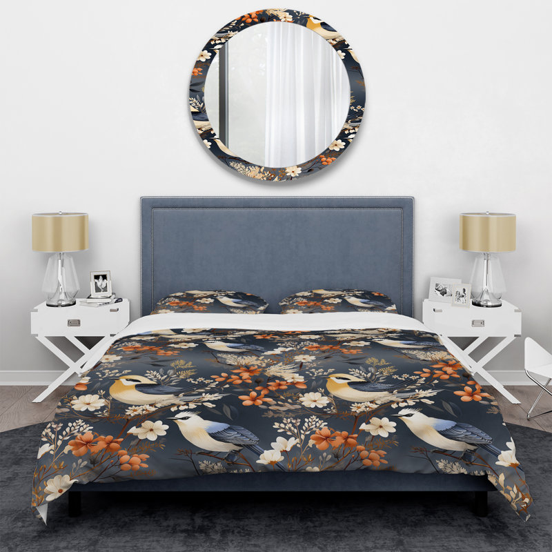 Blooming Scandinavian Bird Elegance II - Ensemble de housse de couette à motif floral