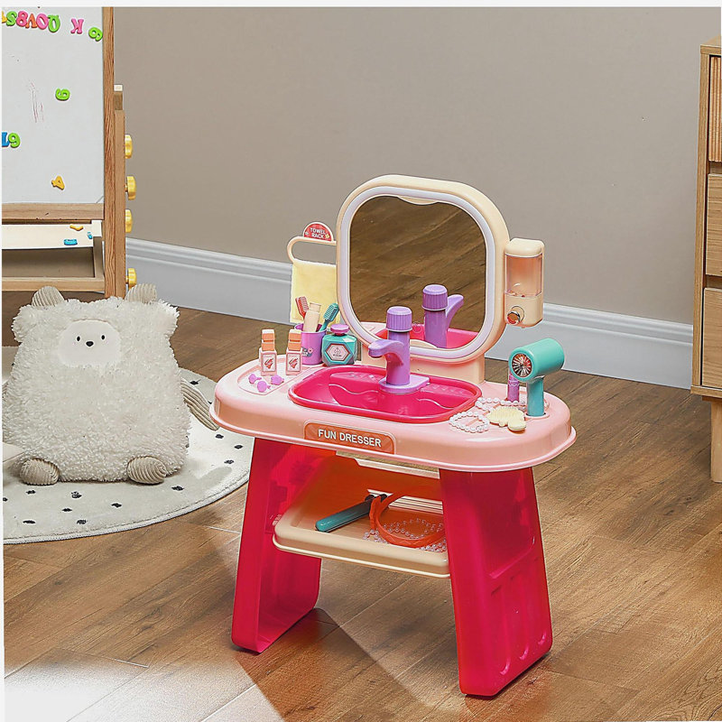 Qaba  Vanity Set, Toddler Makeup Table with Faucet, Mirror, LED Light, Music, 23 Accessories, Pretend Play Set for Girls 3-6 Years, Pink