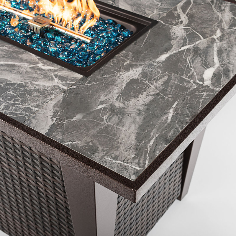 42Inch Rattan Fire Pit Table With Ceramic Tile Tabletop