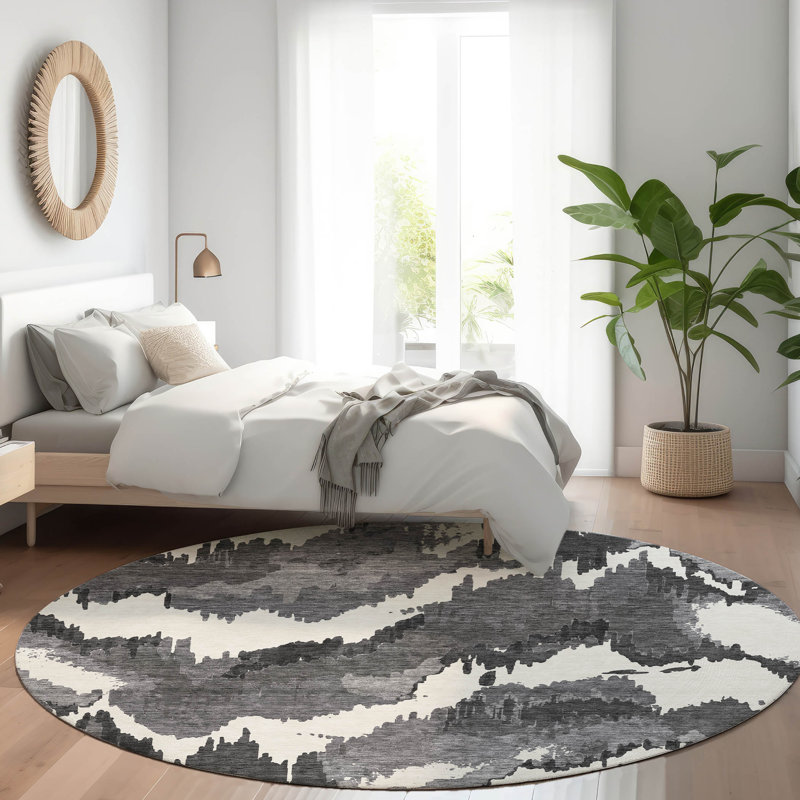 Premium Machine Washable Prisco Black Rug, Round 8'