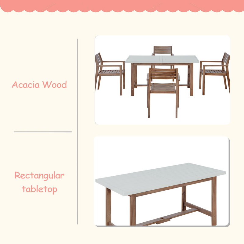 Ensemble de salle à manger d'extérieur 5 pièces en bois d'acacia de 4,59,06 pouces avec trou pour parasol, Light Brown/White