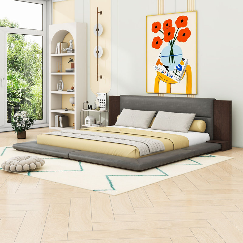 Lit plateforme en bois avec tête de lit tapissier allongée et lattes, Très grand
