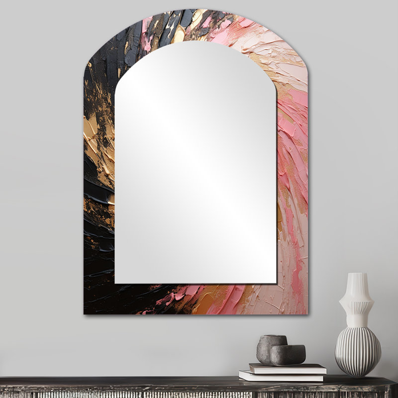 Minimalisme vortex rose poteries - miroir asymétrique spirales abstraites, miroir mural décoratif arqué doré, impression d'art en métal