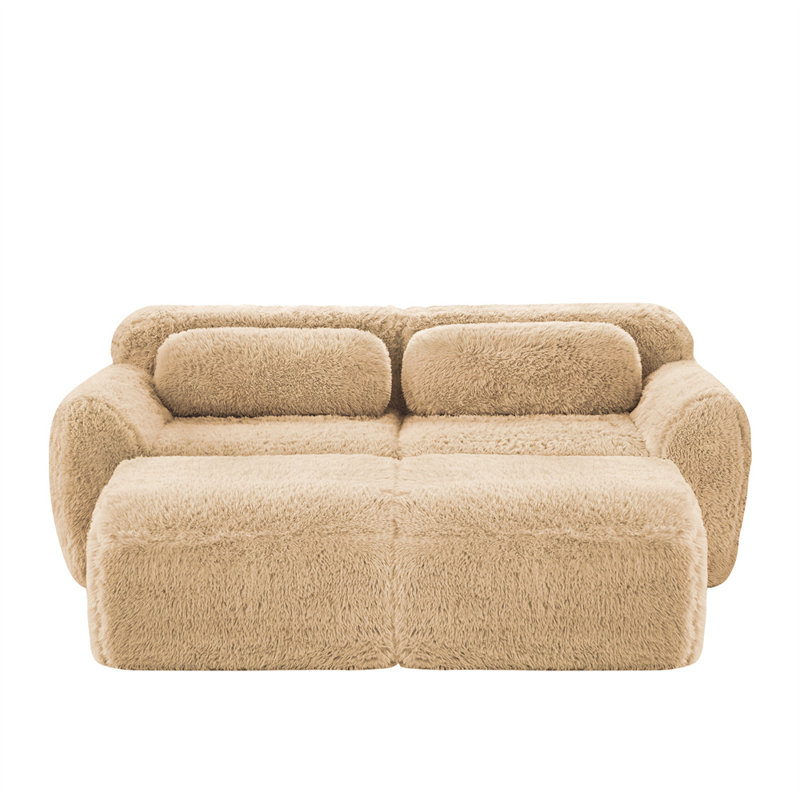 80.3" U-Shaped 2-Seater Sofa with Ottoman, Light Khaki Fabric