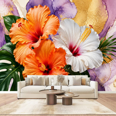 Murales fleurs d'hibiscus, aquarelle, art botanique, papier peint autocollant, décoration murale moderne pour le salon de la chambre à coucher, L 100 po x l 144 po