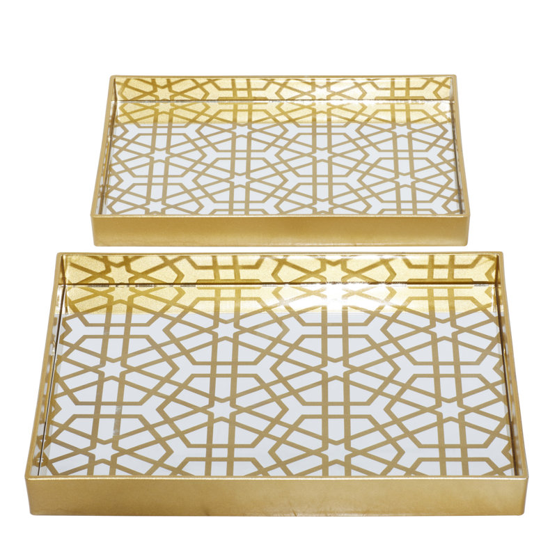 Gold Geometric Mirrored Glass Tray Set, 14" and 16"