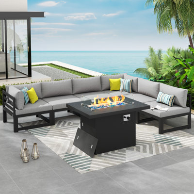 Ensemble de conversation modulaire d'extérieur en aluminium 7 pièces pour 6 personnes Tuyen avec table de foyer d'extérieur de 60 000 BTU et coussins en mousse haute résilience de 4 po