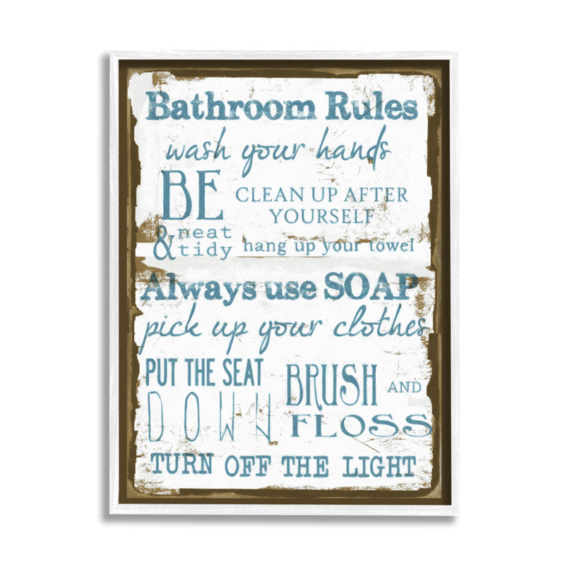 «Brown and Blue Classic Bathroom Rules» par Taylor Greene - impression, H 14 po x l 11 po, Giclée encadrée blanc bord de mer
