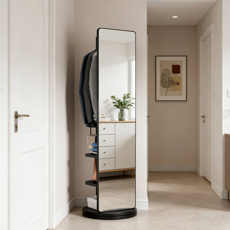 Portemanteau pivotant à 360 ° en bois massif noir avec miroir 66 po x 14 po, Noir, 65,75 po x 17,72 po