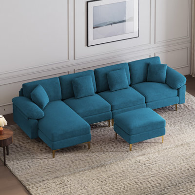114" U Shaped Snow Fleece Sectional Sofa With Gold Hardware Legs