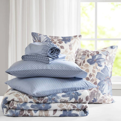 Literie à motif floral bleu grand avec édredon et draps, microfibre brossée douce, convient à un matelas jusqu'à 16 po, drap lavable à la machine, motif aquarelle,