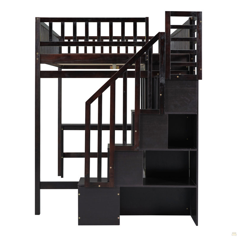 Lit mezzanine double avec bibliothèque, tiroirs, bureau et garde-robe