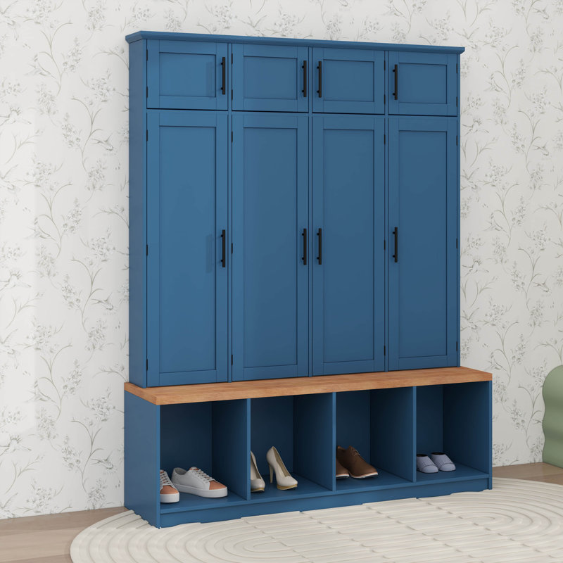 Farmhouse Hall Tree With Hanging Hooks, Mudroom Bench With Open Compartments, Blue