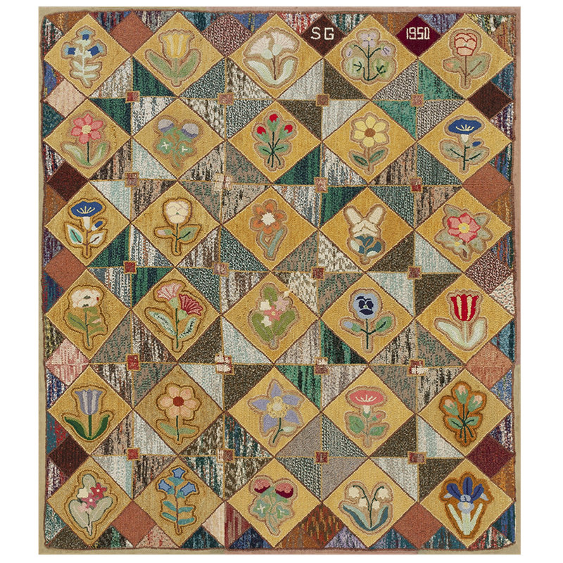 Mid Century Vintage Grid Pattern American Flowers Hooked Rug