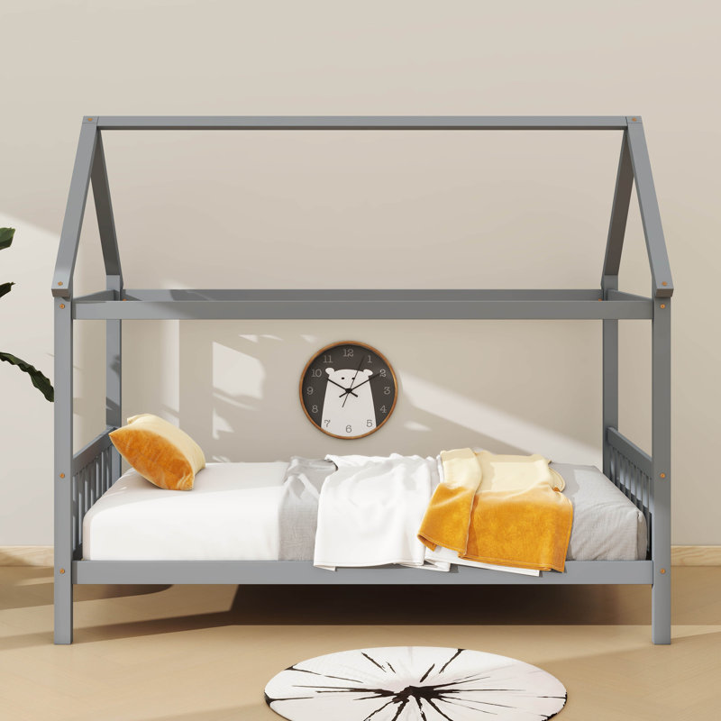 Lit simple pour enfant en forme de maison, Gris clair