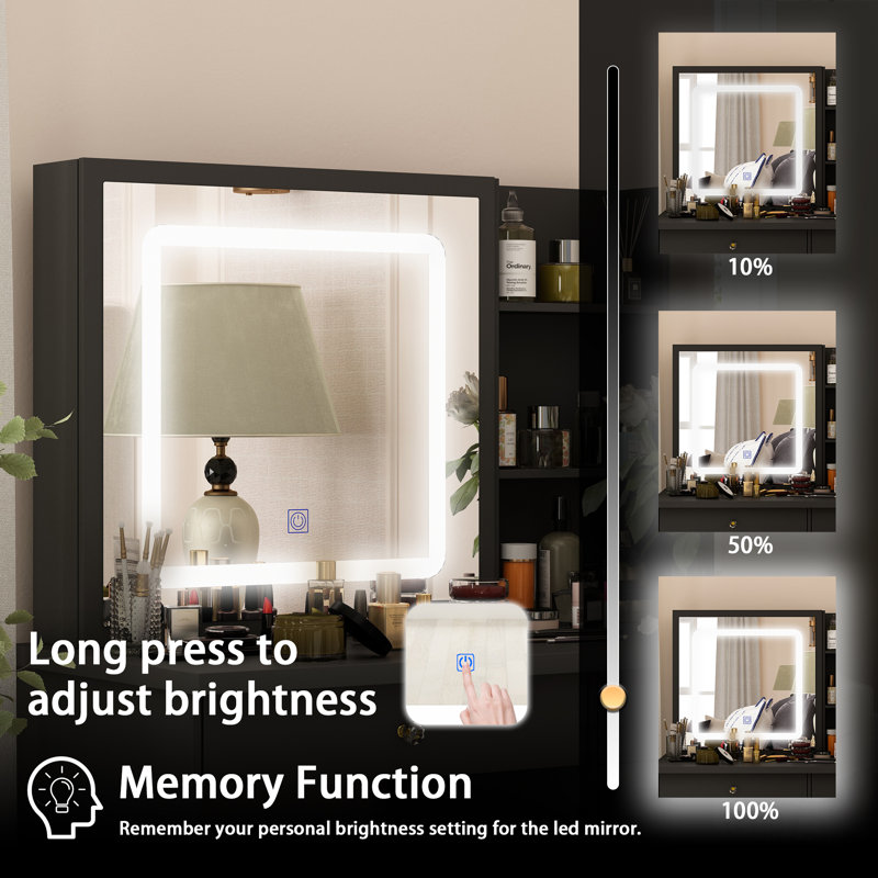 Makeup Vanity Set With Sliding Mirror And Lights, Black