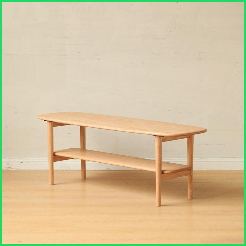 Table basse 100% chêne massif pour salon - tablettes doubles en forme de H renforcées et peu encombrantes