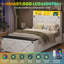 Lit double de style ferme en métal et bois avec porte coulissante en X, tête de lit DEL RVB, station de recharge et pouf de rangement, blanc-324744087-324743784