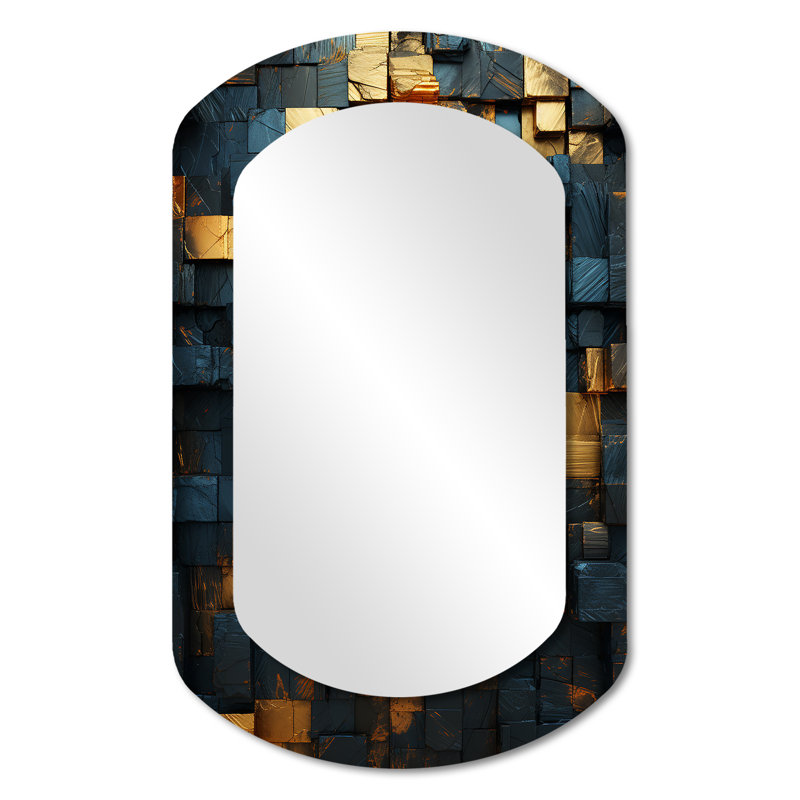 Grunge Gold Cubes Abstract Geometric V - Tile Cylinder Decorative Mirror, Modern Asymmetrical Large Wall Mirror, Printed Metal Art