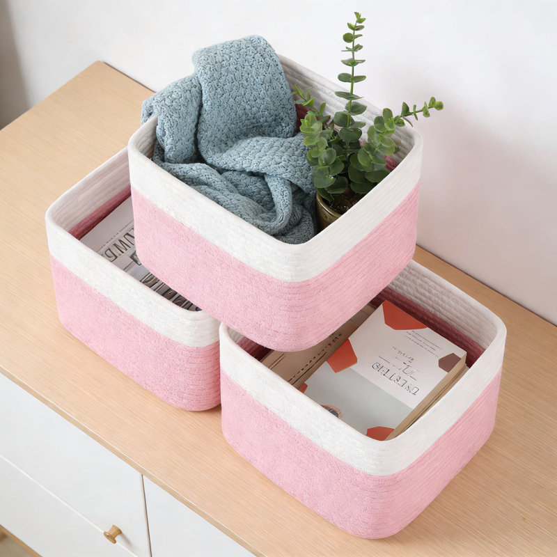 Cotton Rope Woven Storage Baskets, 3-Pack Cube Organizer Bins With Reinforced Handles For Shelves, Closets, And Home Organization