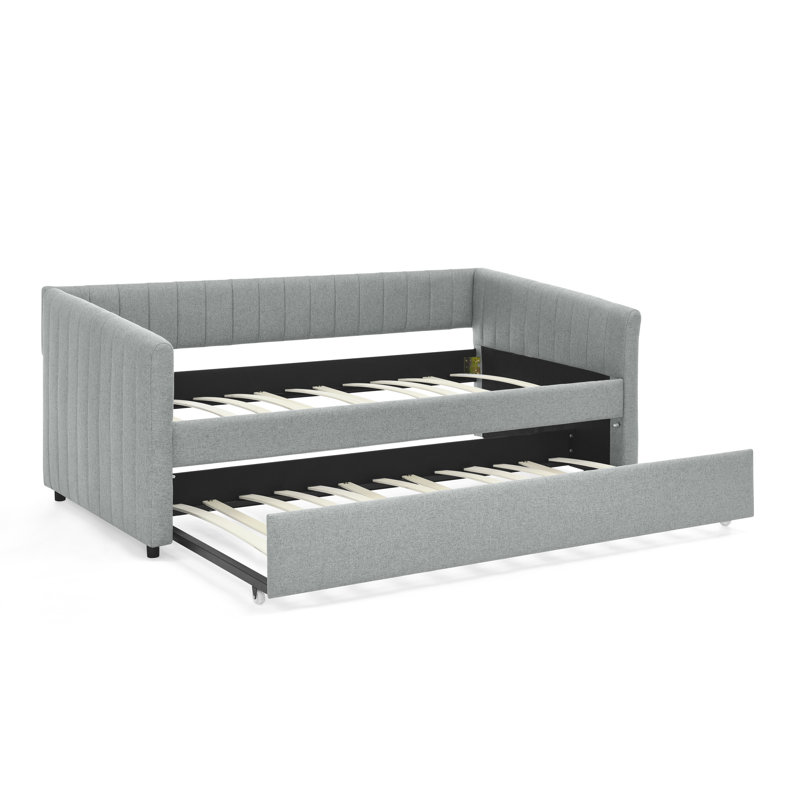 Lit de jour simple avec canapé-lit tapissier, avec rayures verticales, tissu en lin, gris (82,5 po x 43 po x 30 po), Gris